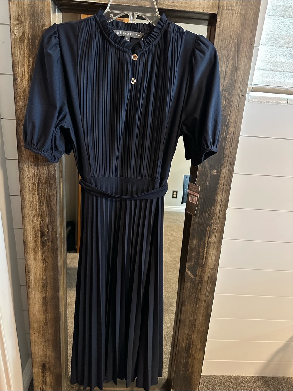 Sharagano NWT Size 6 Deep Navy Pleated Midi Dress Puff Sleeve Belted Office